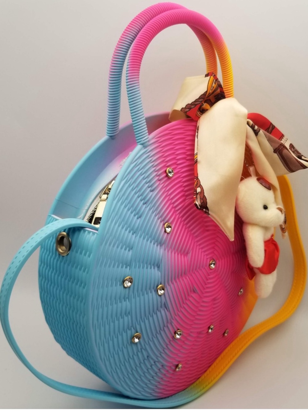 Multicolor Round Tote Bag with Teddy Charm - Pink & Blue